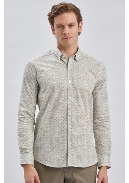 Bej Uzun Kollu Baskılı Biritli Yaka Cepsiz Pamuklu Klasik Slim Fit Dar Kesim Gömlek 1004240213 modelleri