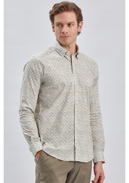 Bej Uzun Kollu Baskılı Biritli Yaka Cepsiz Pamuklu Klasik Slim Fit Dar Kesim Gömlek 1004240213 fırsatları