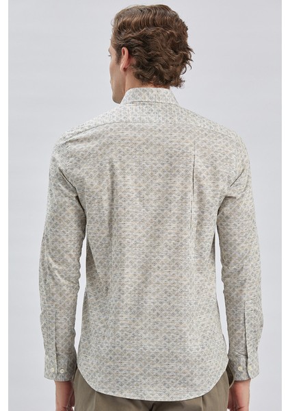 Bej Uzun Kollu Baskılı Biritli Yaka Cepsiz Pamuklu Klasik Slim Fit Dar Kesim Gömlek 1004240213 indirimleri