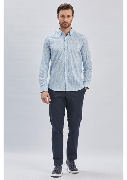 Mavi Kısalabilir Kol Baskılı Cepsiz %97 Pamuk %3 Elastane Klasik Slim Fit Gömlek 1004240116