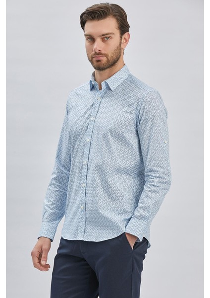 Mavi Kısalabilir Kol Baskılı Cepsiz %97 Pamuk %3 Elastane Klasik Slim Fit Gömlek 1004240116 fiyatları