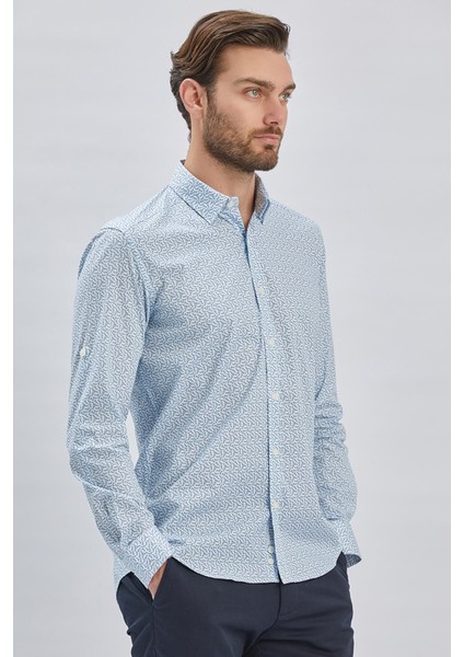 Mavi Kısalabilir Kol Baskılı Cepsiz %97 Pamuk %3 Elastane Klasik Slim Fit Gömlek 1004240116 modelleri