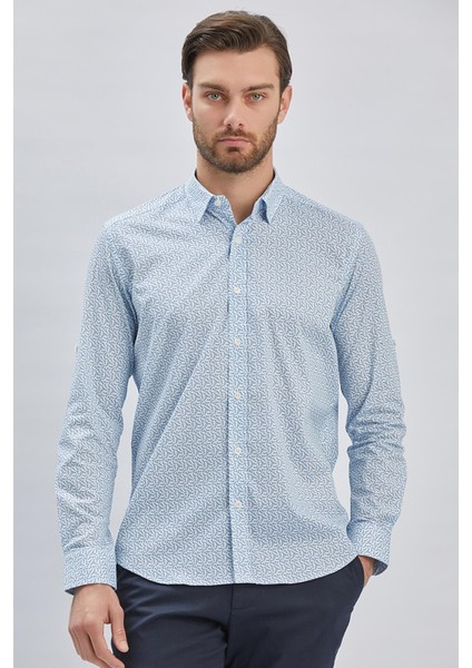 Mavi Kısalabilir Kol Baskılı Cepsiz %97 Pamuk %3 Elastane Klasik Slim Fit Gömlek 1004240116 indirimleri