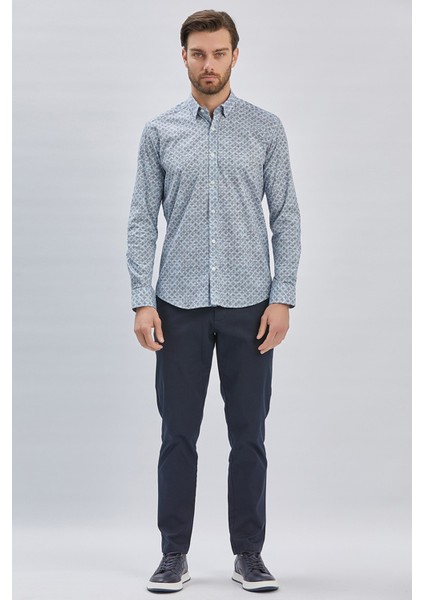 Koyu Lacivert Uzun Kollu Baskılı Biritli Yaka Cepsiz Pamuklu Klasik Slim Fit Gömlek 1004240213