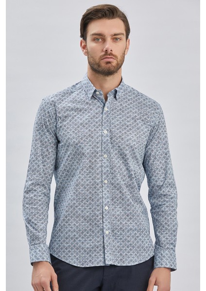 Koyu Lacivert Uzun Kollu Baskılı Biritli Yaka Cepsiz Pamuklu Klasik Slim Fit Gömlek 1004240213 fiyatları