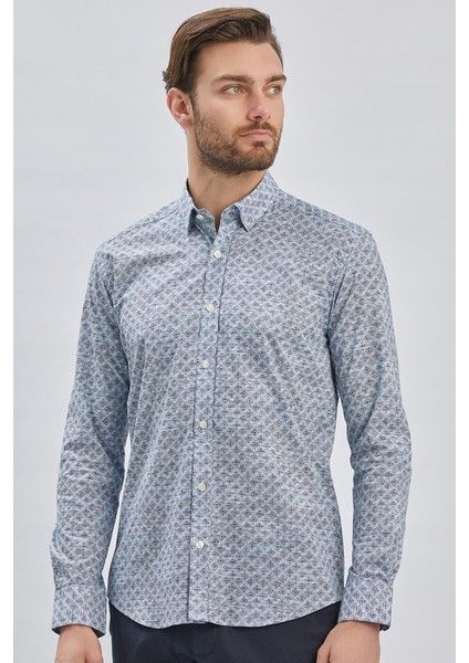 Koyu Lacivert Uzun Kollu Baskılı Biritli Yaka Cepsiz Pamuklu Klasik Slim Fit Gömlek 1004240213 modelleri