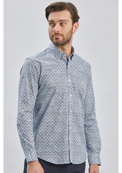 Koyu Lacivert Uzun Kollu Baskılı Biritli Yaka Cepsiz Pamuklu Klasik Slim Fit Gömlek 1004240213 fırsatları