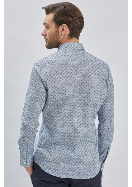 Koyu Lacivert Uzun Kollu Baskılı Biritli Yaka Cepsiz Pamuklu Klasik Slim Fit Gömlek 1004240213 indirimleri