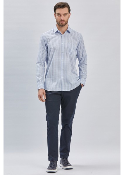 Koyu Mavi Uzun Kollu Ekoseli Cepli Pamuklu Klasik Comfort Fit Rahat Kesim Gömlek 1004240224