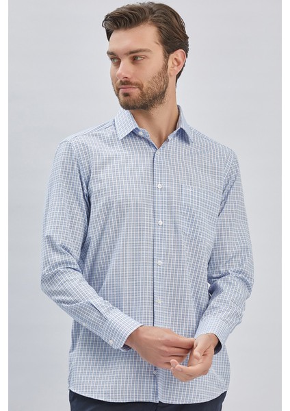 Koyu Mavi Uzun Kollu Ekoseli Cepli Pamuklu Klasik Comfort Fit Rahat Kesim Gömlek 1004240224 fiyatları