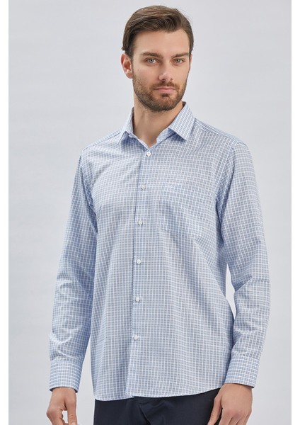 Koyu Mavi Uzun Kollu Ekoseli Cepli Pamuklu Klasik Comfort Fit Rahat Kesim Gömlek 1004240224 modelleri