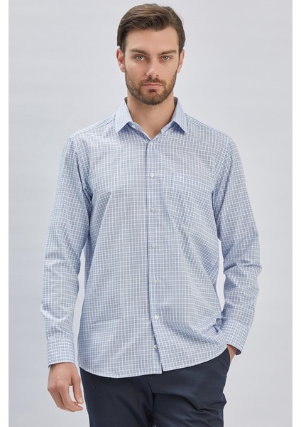 Koyu Mavi Uzun Kollu Ekoseli Cepli Pamuklu Klasik Comfort Fit Rahat Kesim Gömlek 1004240224 fırsatları