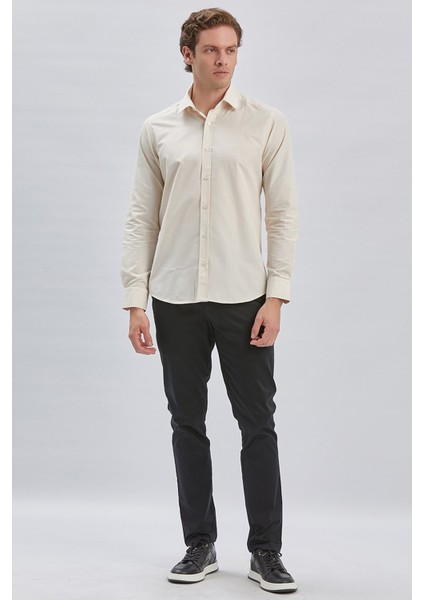 Bej Uzun Kollu Bez Ayağı Sert Yaka Cepsiz Pamuklu Klasik Slim Fit Dar Kesim Gömlek 1004240230