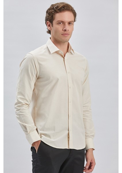 Bej Uzun Kollu Bez Ayağı Sert Yaka Cepsiz Pamuklu Klasik Slim Fit Dar Kesim Gömlek 1004240230 modelleri