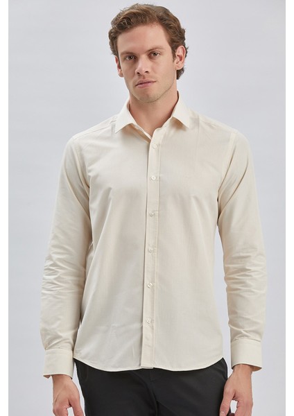 Bej Uzun Kollu Bez Ayağı Sert Yaka Cepsiz Pamuklu Klasik Slim Fit Dar Kesim Gömlek 1004240230 fırsatları