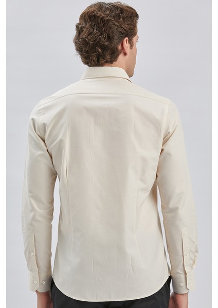 Bej Uzun Kollu Bez Ayağı Sert Yaka Cepsiz Pamuklu Klasik Slim Fit Dar Kesim Gömlek 1004240230 indirimleri