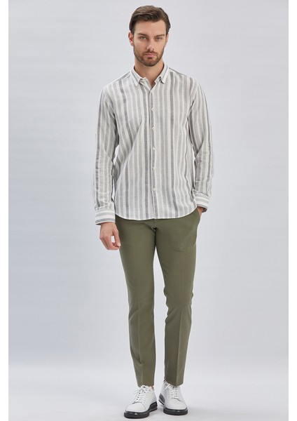 Gri Kısalabilir Kollu Çizgili Biritli Yaka Pamuklu Casual Slim Fit Dar Kesim Gömlek 1004240201