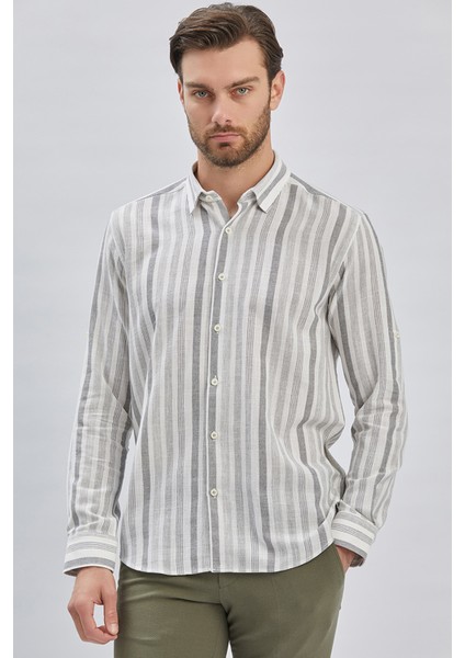Gri Kısalabilir Kollu Çizgili Biritli Yaka Pamuklu Casual Slim Fit Dar Kesim Gömlek 1004240201 fiyatları