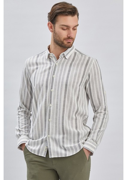 Gri Kısalabilir Kollu Çizgili Biritli Yaka Pamuklu Casual Slim Fit Dar Kesim Gömlek 1004240201 modelleri