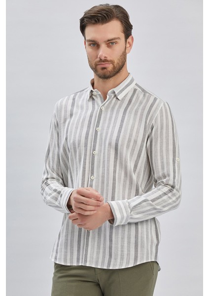 Gri Kısalabilir Kollu Çizgili Biritli Yaka Pamuklu Casual Slim Fit Dar Kesim Gömlek 1004240201 fırsatları