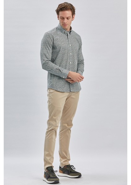 Koyu Yeşil Uzun Kollu Baskılı Biritli Yaka Cepsiz Pamuklu Klasik Slim Fit Gömlek 1004240215