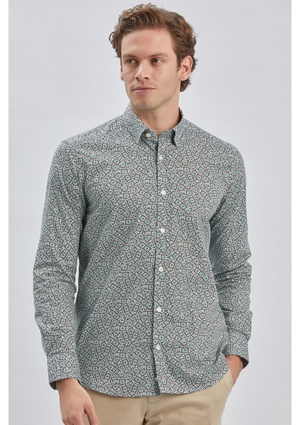 Koyu Yeşil Uzun Kollu Baskılı Biritli Yaka Cepsiz Pamuklu Klasik Slim Fit Gömlek 1004240215 fiyatları