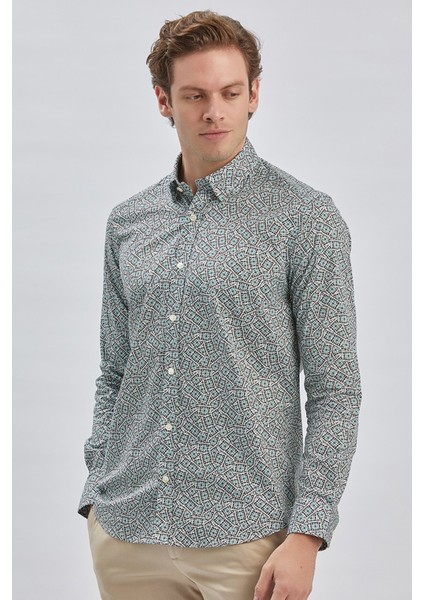 Koyu Yeşil Uzun Kollu Baskılı Biritli Yaka Cepsiz Pamuklu Klasik Slim Fit Gömlek 1004240215 modelleri