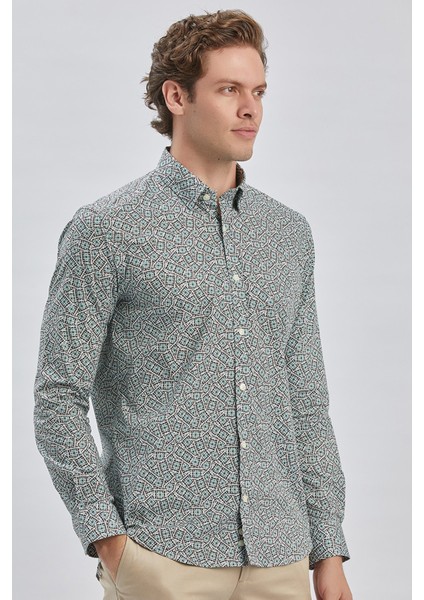 Koyu Yeşil Uzun Kollu Baskılı Biritli Yaka Cepsiz Pamuklu Klasik Slim Fit Gömlek 1004240215 fırsatları