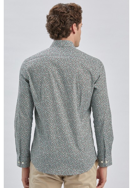 Koyu Yeşil Uzun Kollu Baskılı Biritli Yaka Cepsiz Pamuklu Klasik Slim Fit Gömlek 1004240215 indirimleri