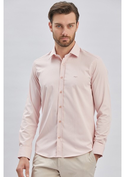 Somon Uzun Kollu Sert Yaka Cepsiz Pamuklu Likralı Klasik Slim Fit Dar Kesim Gömlek 1004240234