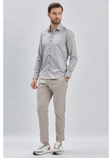 Gri Uzun Kollu Sert Yaka Cepsiz Pamuklu Likralı Klasik Slim Fit Dar Kesim Gömlek 1004240234