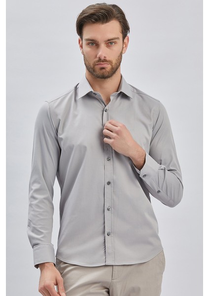 Gri Uzun Kollu Sert Yaka Cepsiz Pamuklu Likralı Klasik Slim Fit Dar Kesim Gömlek 1004240234 fiyatları