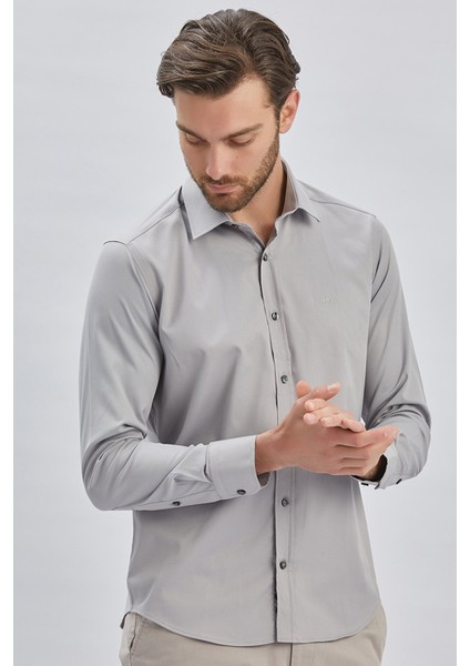 Gri Uzun Kollu Sert Yaka Cepsiz Pamuklu Likralı Klasik Slim Fit Dar Kesim Gömlek 1004240234 modelleri
