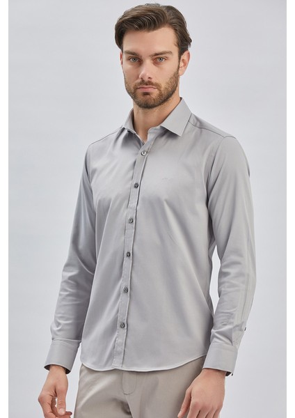 Gri Uzun Kollu Sert Yaka Cepsiz Pamuklu Likralı Klasik Slim Fit Dar Kesim Gömlek 1004240234 fırsatları