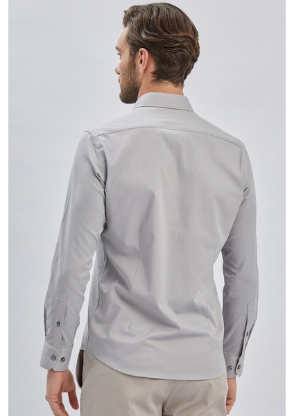 Gri Uzun Kollu Sert Yaka Cepsiz Pamuklu Likralı Klasik Slim Fit Dar Kesim Gömlek 1004240234 indirimleri