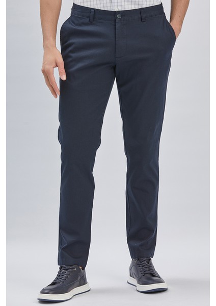 Koyu Lacivert Desenli Pamuklu Likralı Yan Cepli Comfort Fit Rahat Kesim Casual Pantolon 1003240160