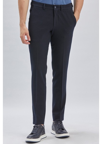 Koyu Lacivert Esnek Lastikli Yandan Cepli Casual Slim Fit Ayarlanabilir Kemer Pantolon 1003240162