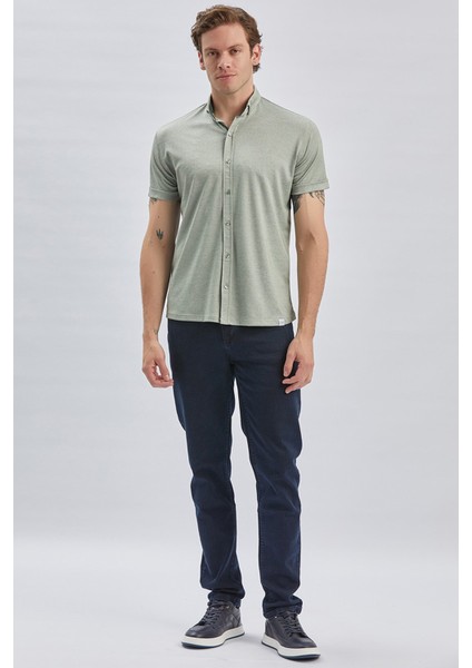 Koyu Haki Desenli Oxford Polo Yaka Cepli Pamuklu Casual Slim Fit Dar Kesim Tişört 1011240178