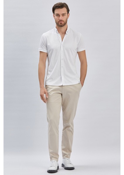Beyaz Desenli Oxford Polo Yaka Cepli Pamuklu Casual Slim Fit Dar Kesim Tişört 1011240178