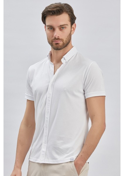 Beyaz Desenli Oxford Polo Yaka Cepli Pamuklu Casual Slim Fit Dar Kesim Tişört 1011240178 modelleri