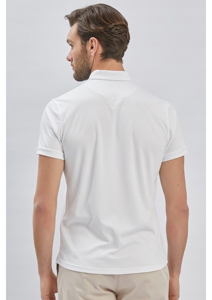 Beyaz Desenli Oxford Polo Yaka Cepli Pamuklu Casual Slim Fit Dar Kesim Tişört 1011240178 indirimleri