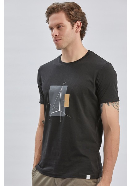 Siyah Baskılı Bez Ayağı Bisiklet Yaka %100 Pamuk Casual Slim Fit Dar Kesim Tişört 1011240167 fiyatları