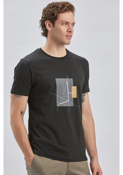 Siyah Baskılı Bez Ayağı Bisiklet Yaka %100 Pamuk Casual Slim Fit Dar Kesim Tişört 1011240167 modelleri