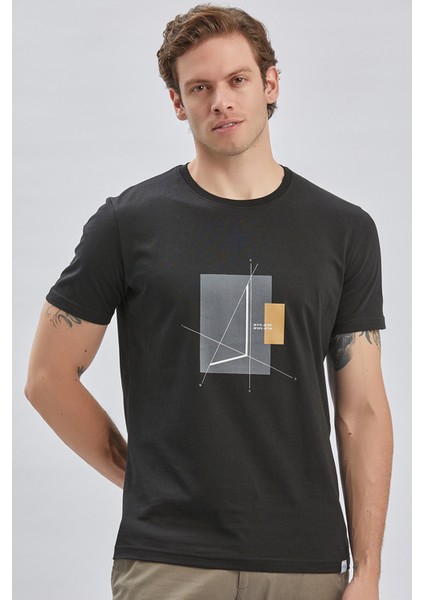 Siyah Baskılı Bez Ayağı Bisiklet Yaka %100 Pamuk Casual Slim Fit Dar Kesim Tişört 1011240167 fırsatları