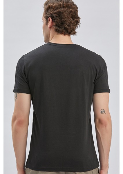 Siyah Baskılı Bez Ayağı Bisiklet Yaka %100 Pamuk Casual Slim Fit Dar Kesim Tişört 1011240167 indirimleri