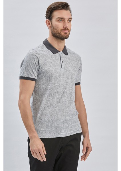 Koyu Antrasit Baskılı Pike Polo Yaka Pamuklu Likralı Casual Slim Fit Dar Kesim Tişört 1011240158