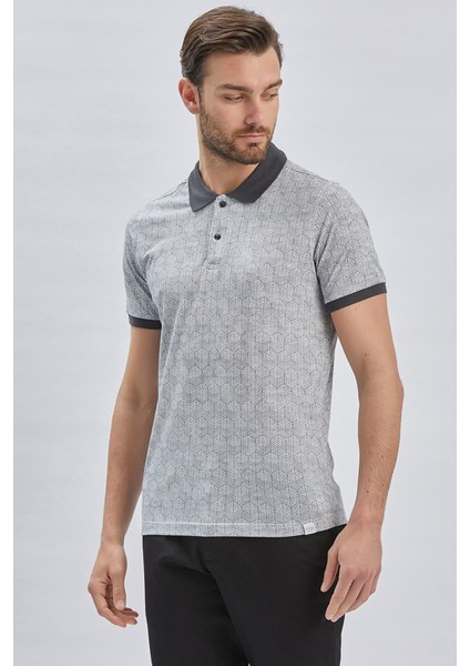 Koyu Antrasit Baskılı Pike Polo Yaka Pamuklu Likralı Casual Slim Fit Dar Kesim Tişört 1011240158