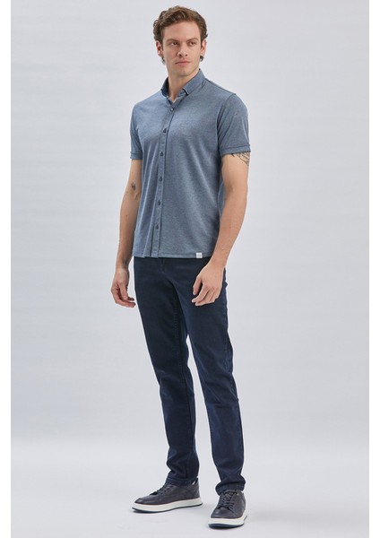 Koyu Lacivert Desenli Oxford Polo Yaka Cepli Pamuklu Casual Slim Fit Dar Kesim Tişört 1011240178