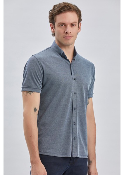 Koyu Lacivert Desenli Oxford Polo Yaka Cepli Pamuklu Casual Slim Fit Dar Kesim Tişört 1011240178