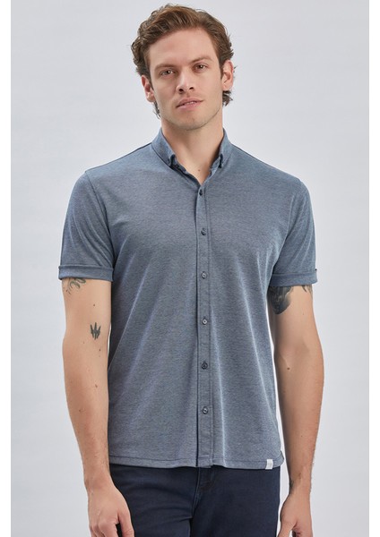 Koyu Lacivert Desenli Oxford Polo Yaka Cepli Pamuklu Casual Slim Fit Dar Kesim Tişört 1011240178